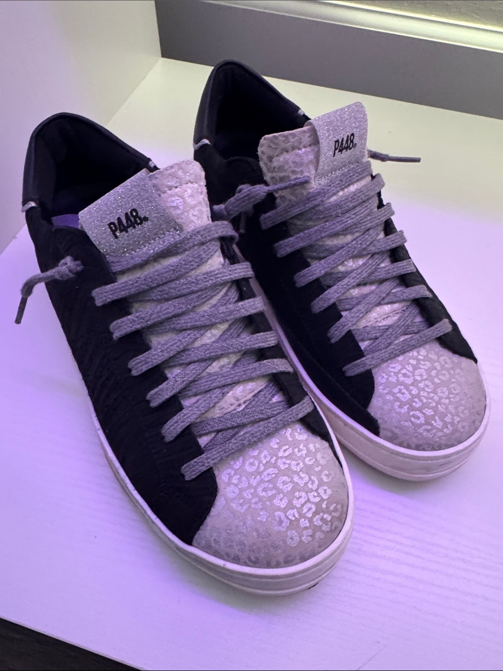 P448 Women’s Black and Gray Leopard-Print Low-Top Sneakers
